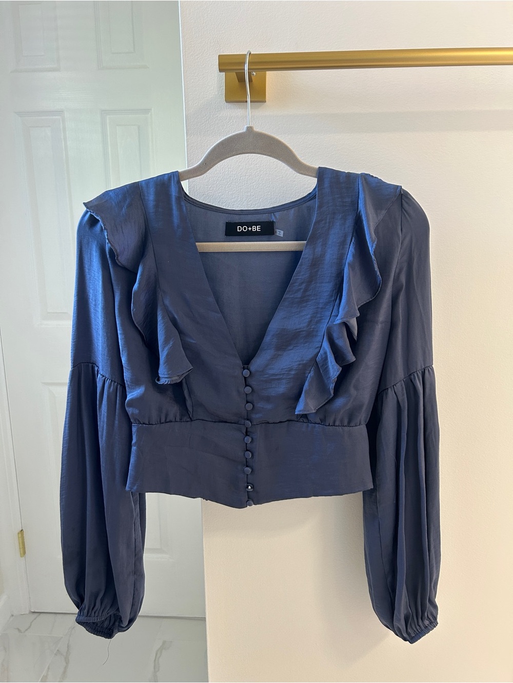 DO+BE Blue Satin Ruffle Button Front Long Sleeve Blouse